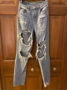 American Eagle Outfitters Distressed Light Blue Straight Leg Jeans
